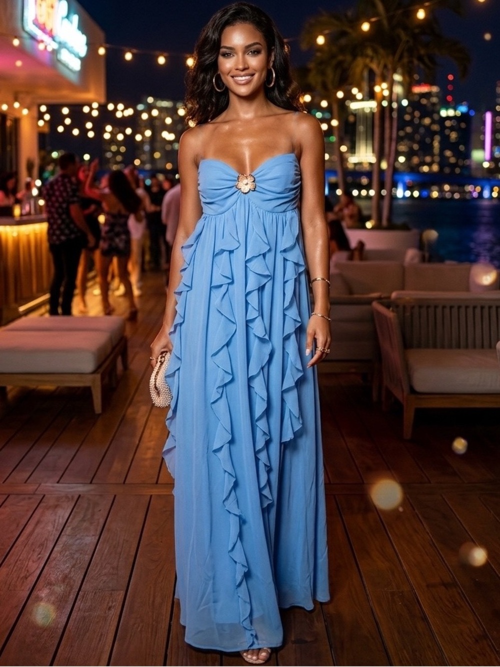 Sincerely Jules Strapless Ruffle Maxi Dress in Light Blue